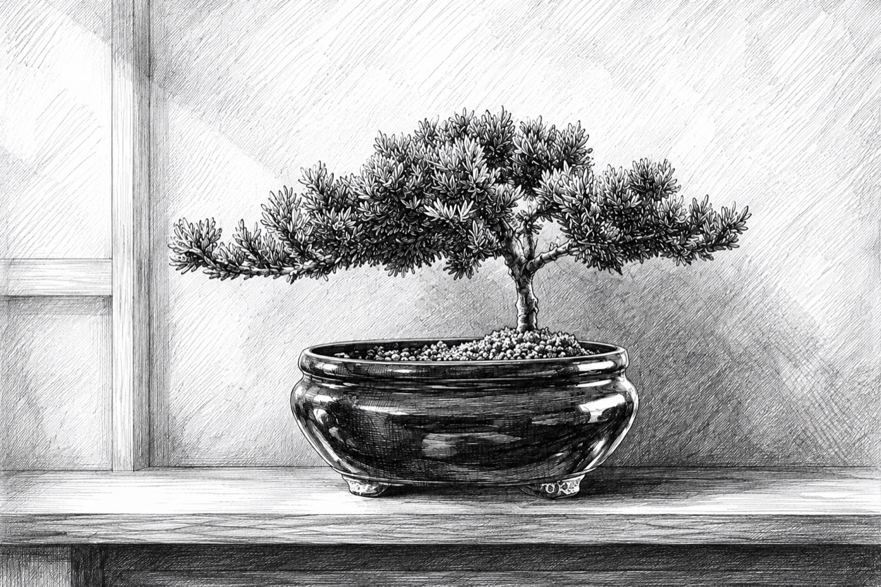Field-guide plate of a young Shimpaku juniper bonsai, botanical illustration style