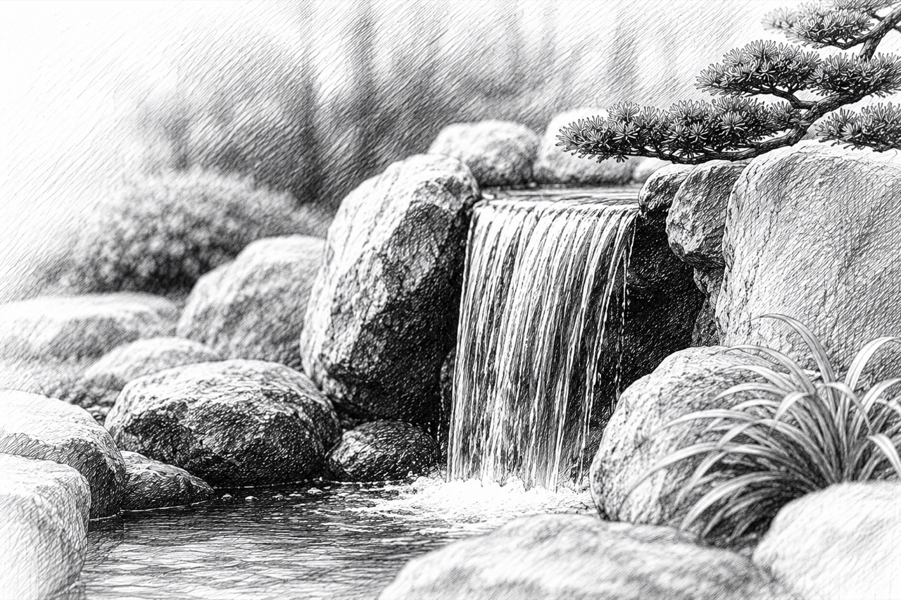 Pen-and-ink drawing of a small waterfall spilling between garden boulders beneath an overhanging pine branch