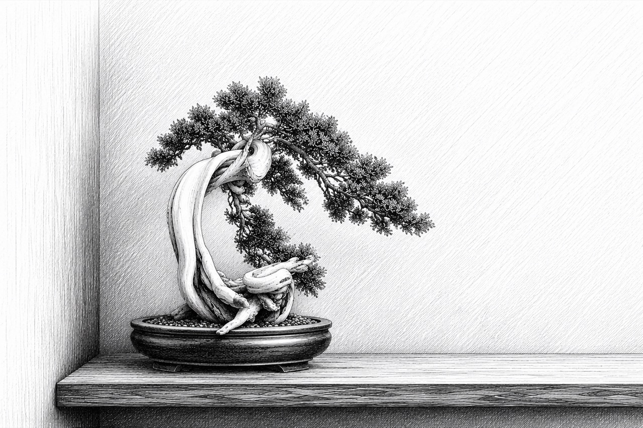 Pen-and-ink drawing of a mature juniper bonsai with a twisting driftwood trunk, resting on a wooden shelf